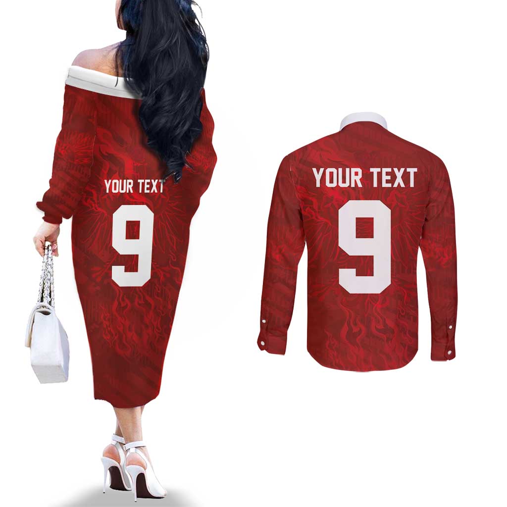 Custom Poland National Football Couples Matching Off The Shoulder Long Sleeve Dress and Long Sleeve Button Shirt The Eagles on Flames - Wonder Print Shop