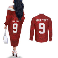 Custom Poland National Football Couples Matching Off The Shoulder Long Sleeve Dress and Long Sleeve Button Shirt The Eagles on Flames - Wonder Print Shop