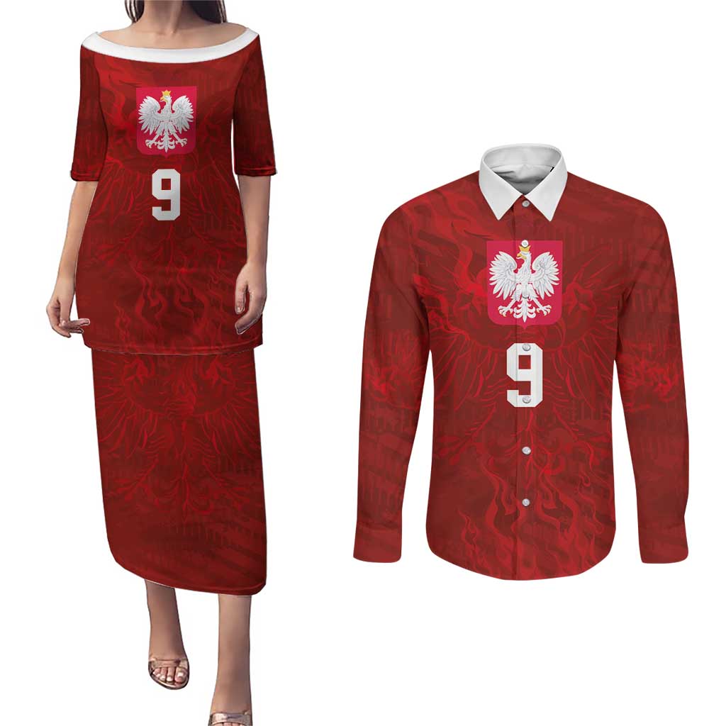 Custom Poland National Football Couples Matching Puletasi and Long Sleeve Button Shirt The Eagles on Flames - Wonder Print Shop