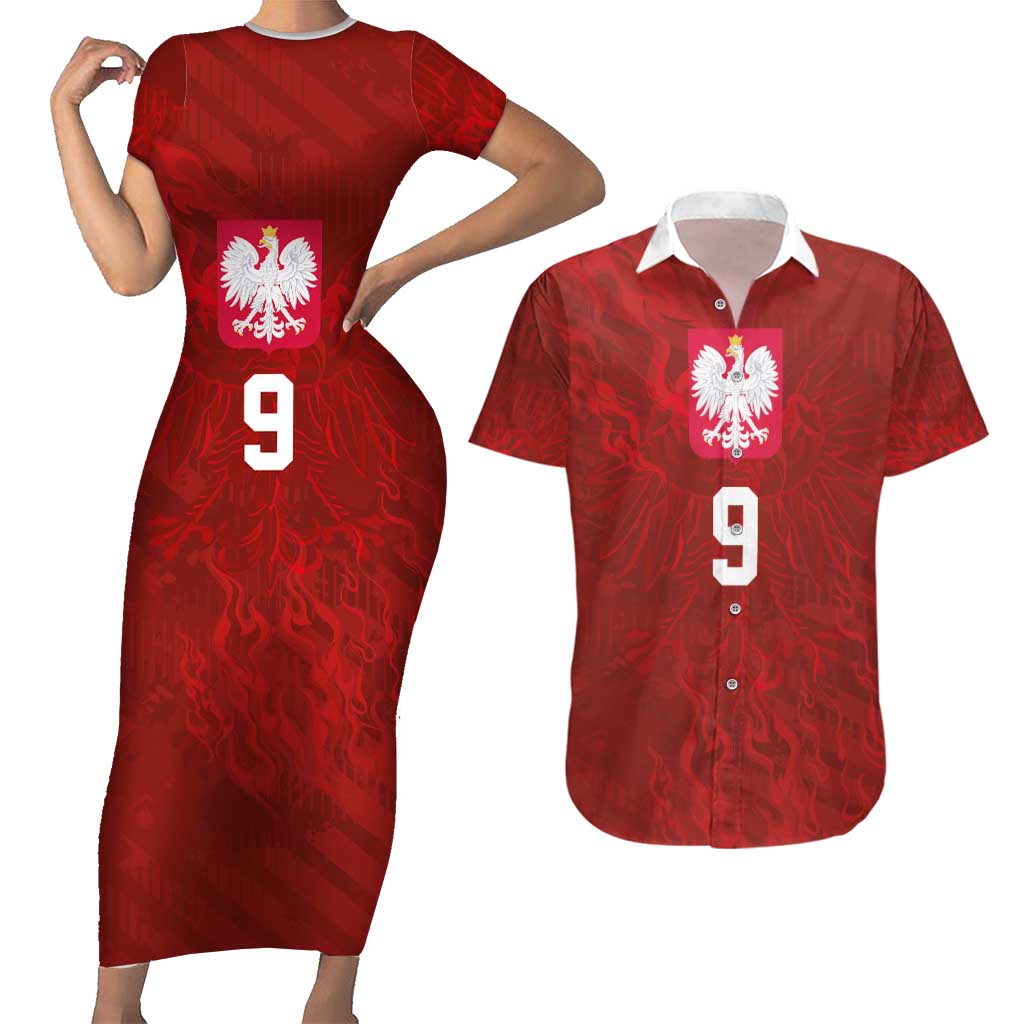 Custom Poland National Football Couples Matching Short Sleeve Bodycon Dress and Hawaiian Shirt The Eagles on Flames - Wonder Print Shop