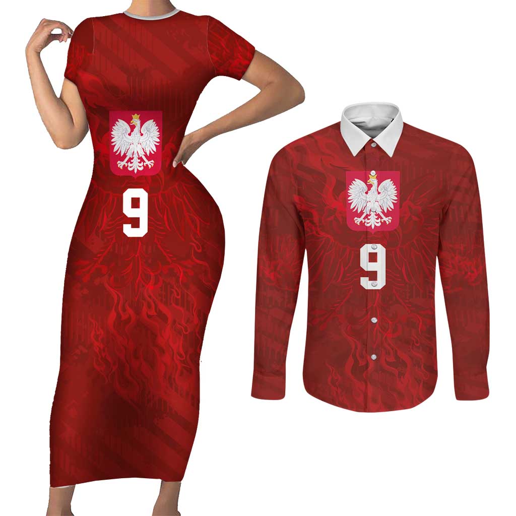 Custom Poland National Football Couples Matching Short Sleeve Bodycon Dress and Long Sleeve Button Shirt The Eagles on Flames - Wonder Print Shop
