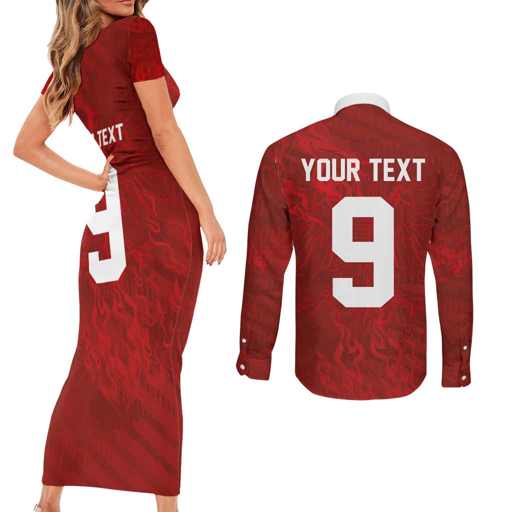 Custom Poland National Football Couples Matching Short Sleeve Bodycon Dress and Long Sleeve Button Shirt The Eagles on Flames - Wonder Print Shop