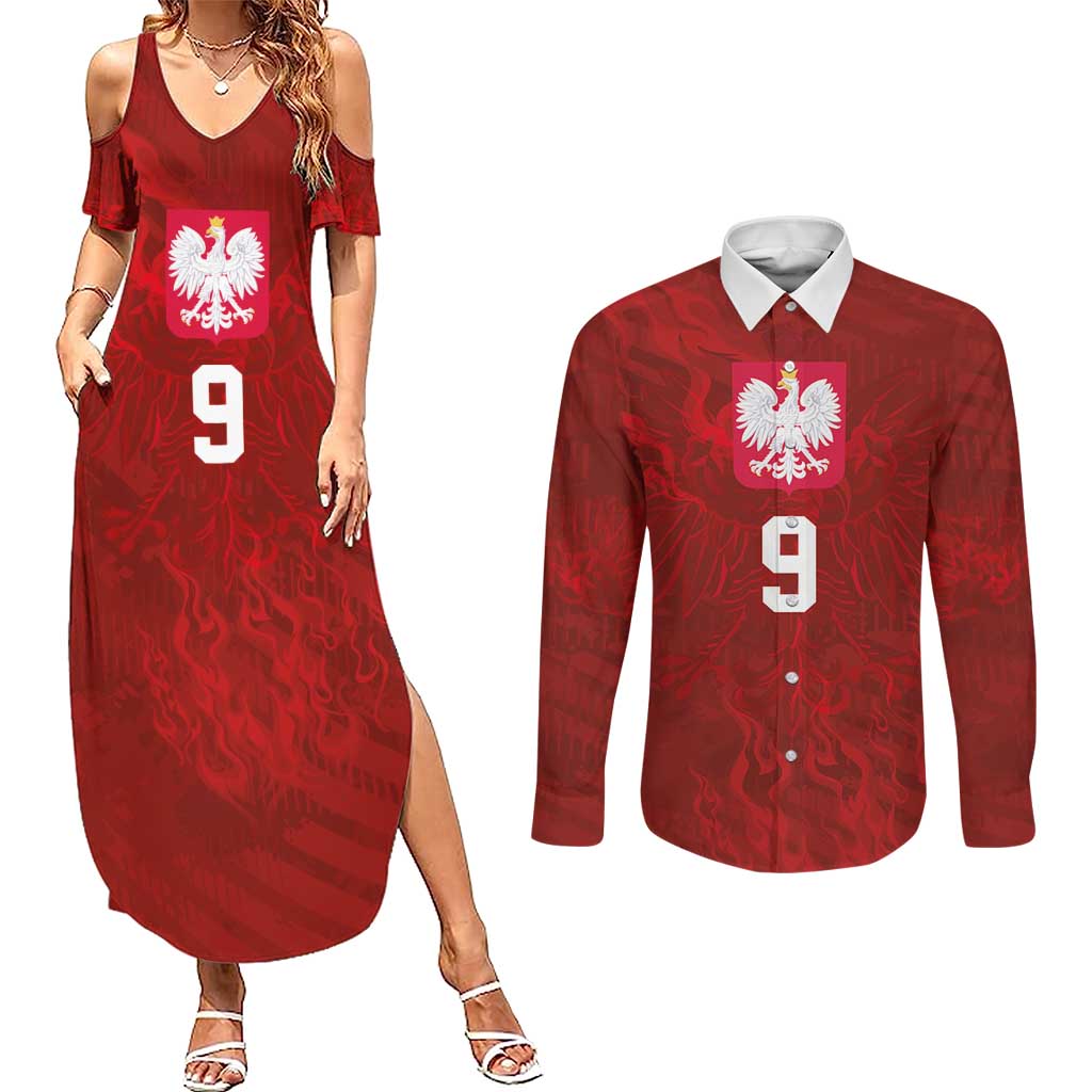 Custom Poland National Football Couples Matching Summer Maxi Dress and Long Sleeve Button Shirt The Eagles on Flames - Wonder Print Shop