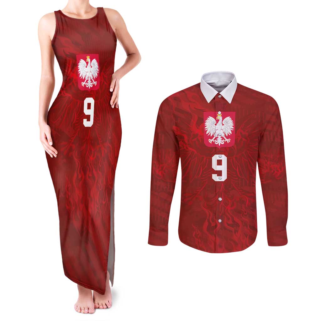 Custom Poland National Football Couples Matching Tank Maxi Dress and Long Sleeve Button Shirt The Eagles on Flames - Wonder Print Shop