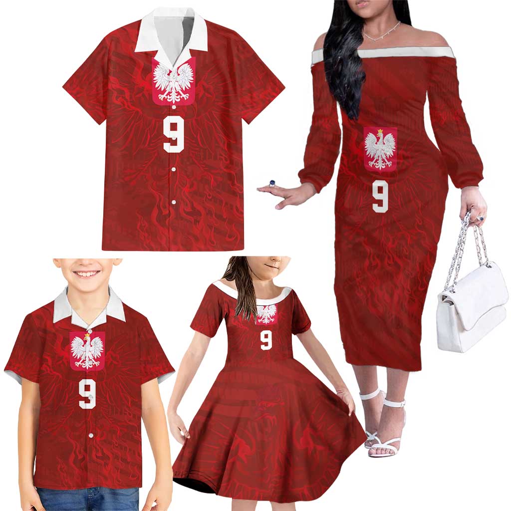 Custom Poland National Football Family Matching Off The Shoulder Long Sleeve Dress and Hawaiian Shirt The Eagles on Flames - Wonder Print Shop