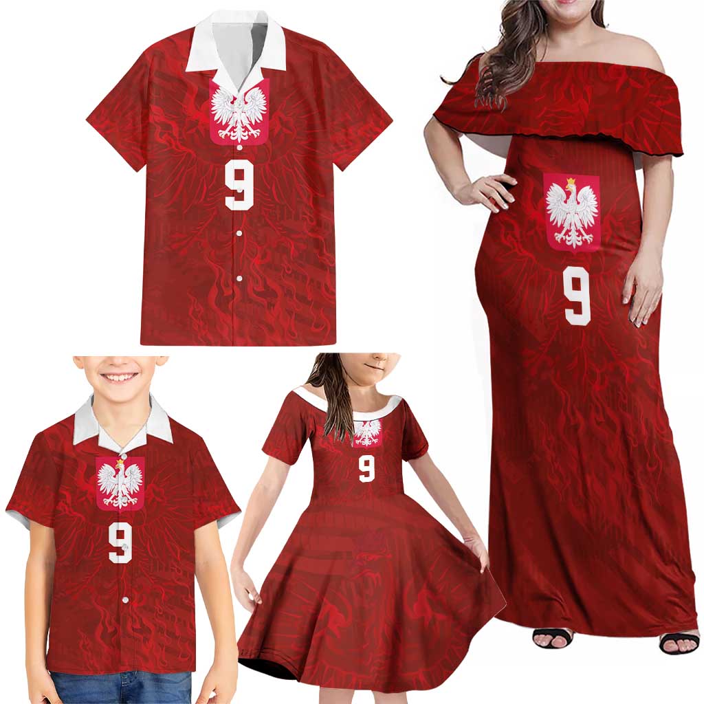 Custom Poland National Football Family Matching Off Shoulder Maxi Dress and Hawaiian Shirt The Eagles on Flames - Wonder Print Shop