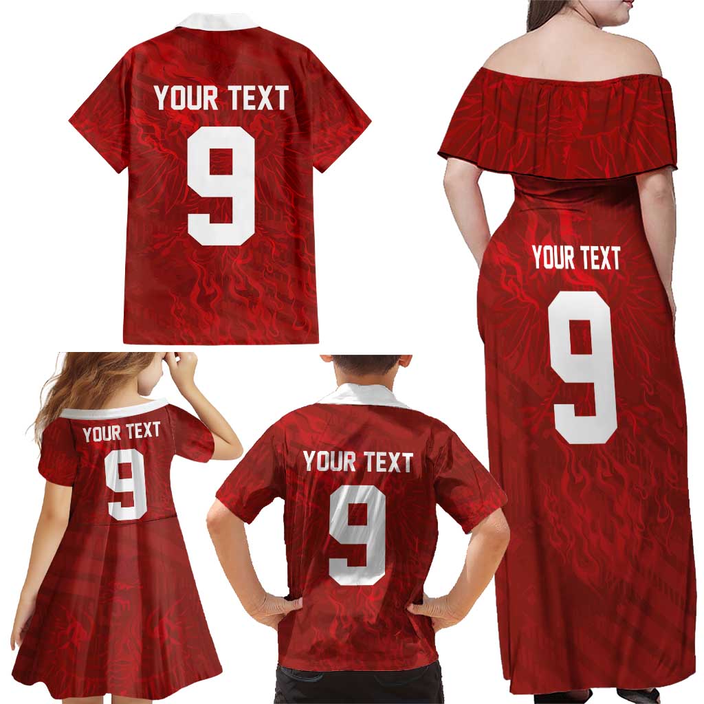 Custom Poland National Football Family Matching Off Shoulder Maxi Dress and Hawaiian Shirt The Eagles on Flames - Wonder Print Shop
