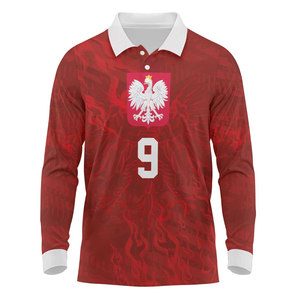 Custom Poland National Football Long Sleeve Polo Shirt The Eagles on Flames - Wonder Print Shop
