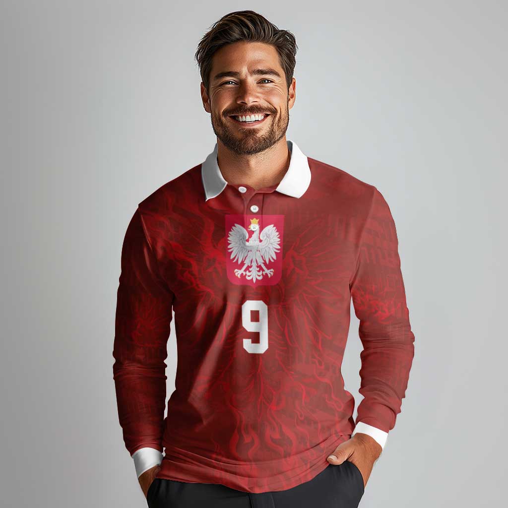 Custom Poland National Football Long Sleeve Polo Shirt The Eagles on Flames - Wonder Print Shop