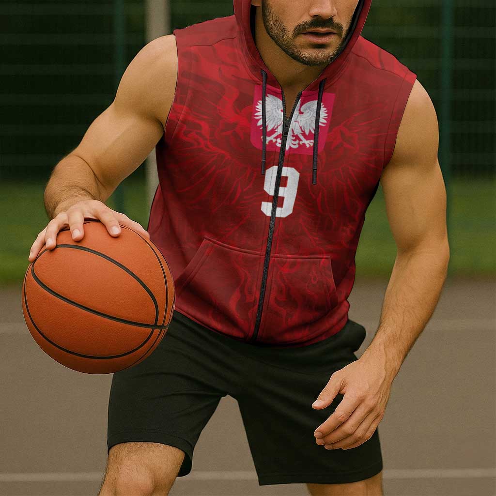 Custom Poland National Football Sleeveless Zip Hoodie The Eagles on Flames - Wonder Print Shop