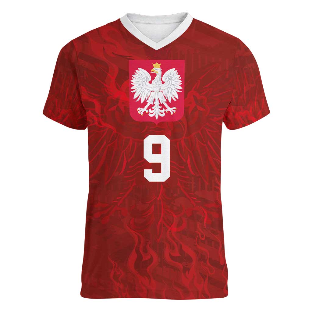 Custom Poland National Football Women V-Neck T-Shirt The Eagles on Flames - Wonder Print Shop