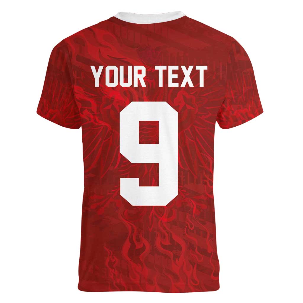 Custom Poland National Football Women V-Neck T-Shirt The Eagles on Flames - Wonder Print Shop