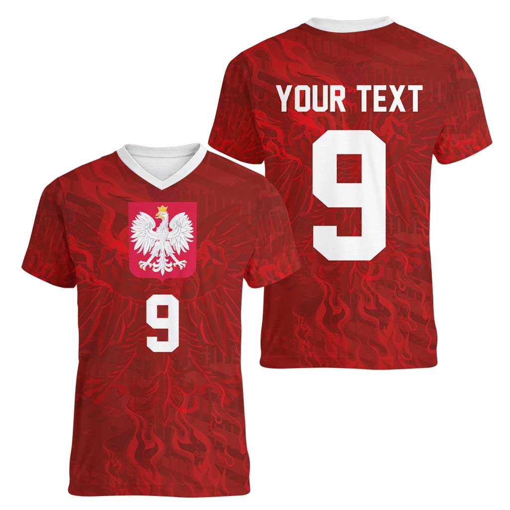 Custom Poland National Football Women V-Neck T-Shirt The Eagles on Flames - Wonder Print Shop