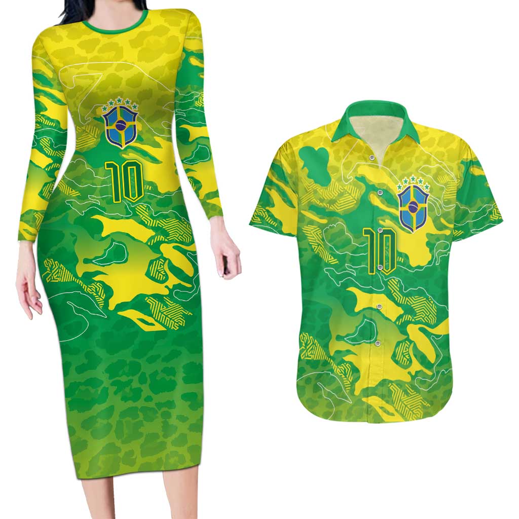 Custom Brazil National Football Couples Matching Long Sleeve Bodycon Dress and Hawaiian Shirt South American Wild Nature Sporty Style - Wonder Print Shop