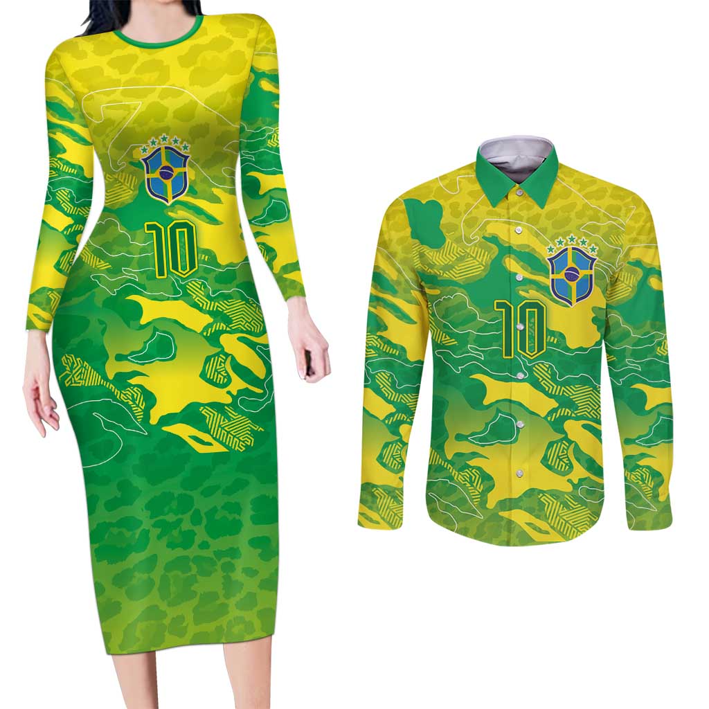 Custom Brazil National Football Couples Matching Long Sleeve Bodycon Dress and Long Sleeve Button Shirt South American Wild Nature Sporty Style - Wonder Print Shop