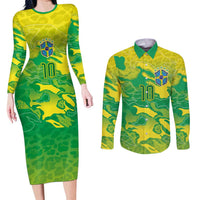 Custom Brazil National Football Couples Matching Long Sleeve Bodycon Dress and Long Sleeve Button Shirt South American Wild Nature Sporty Style - Wonder Print Shop