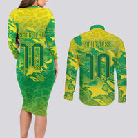 Custom Brazil National Football Couples Matching Long Sleeve Bodycon Dress and Long Sleeve Button Shirt South American Wild Nature Sporty Style - Wonder Print Shop
