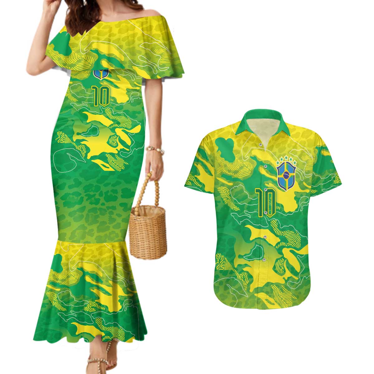 Custom Brazil National Football Couples Matching Mermaid Dress and Hawaiian Shirt South American Wild Nature Sporty Style - Wonder Print Shop