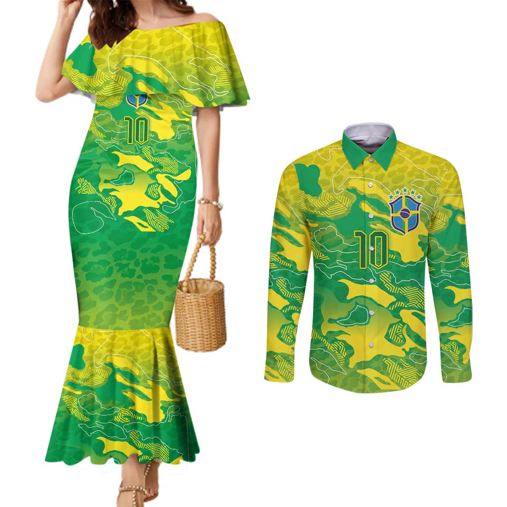 Custom Brazil National Football Couples Matching Mermaid Dress and Long Sleeve Button Shirt South American Wild Nature Sporty Style - Wonder Print Shop