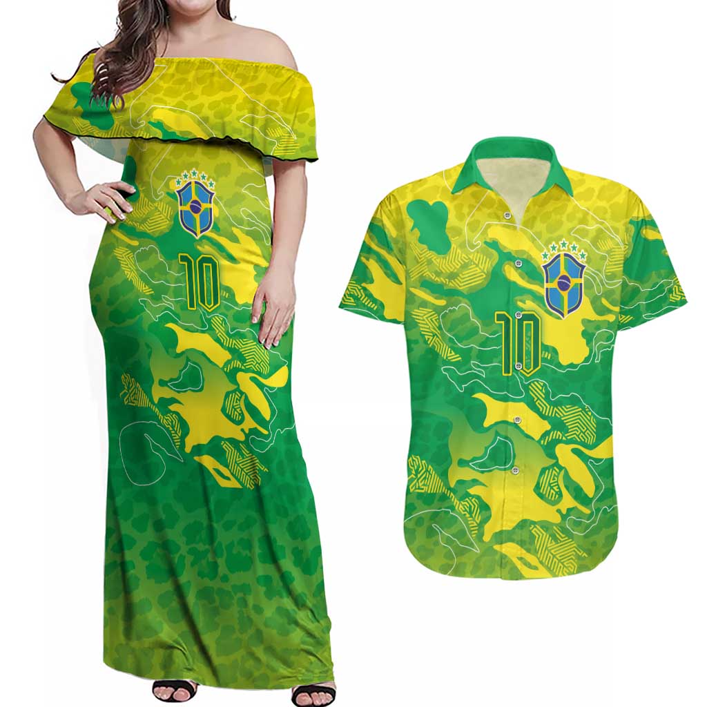 Custom Brazil National Football Couples Matching Off Shoulder Maxi Dress and Hawaiian Shirt South American Wild Nature Sporty Style - Wonder Print Shop