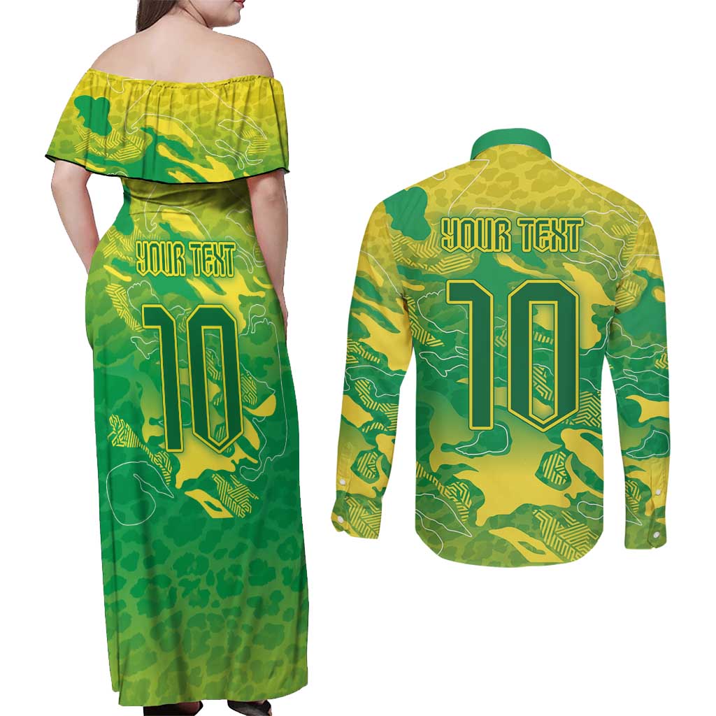 Custom Brazil National Football Couples Matching Off Shoulder Maxi Dress and Long Sleeve Button Shirt South American Wild Nature Sporty Style - Wonder Print Shop