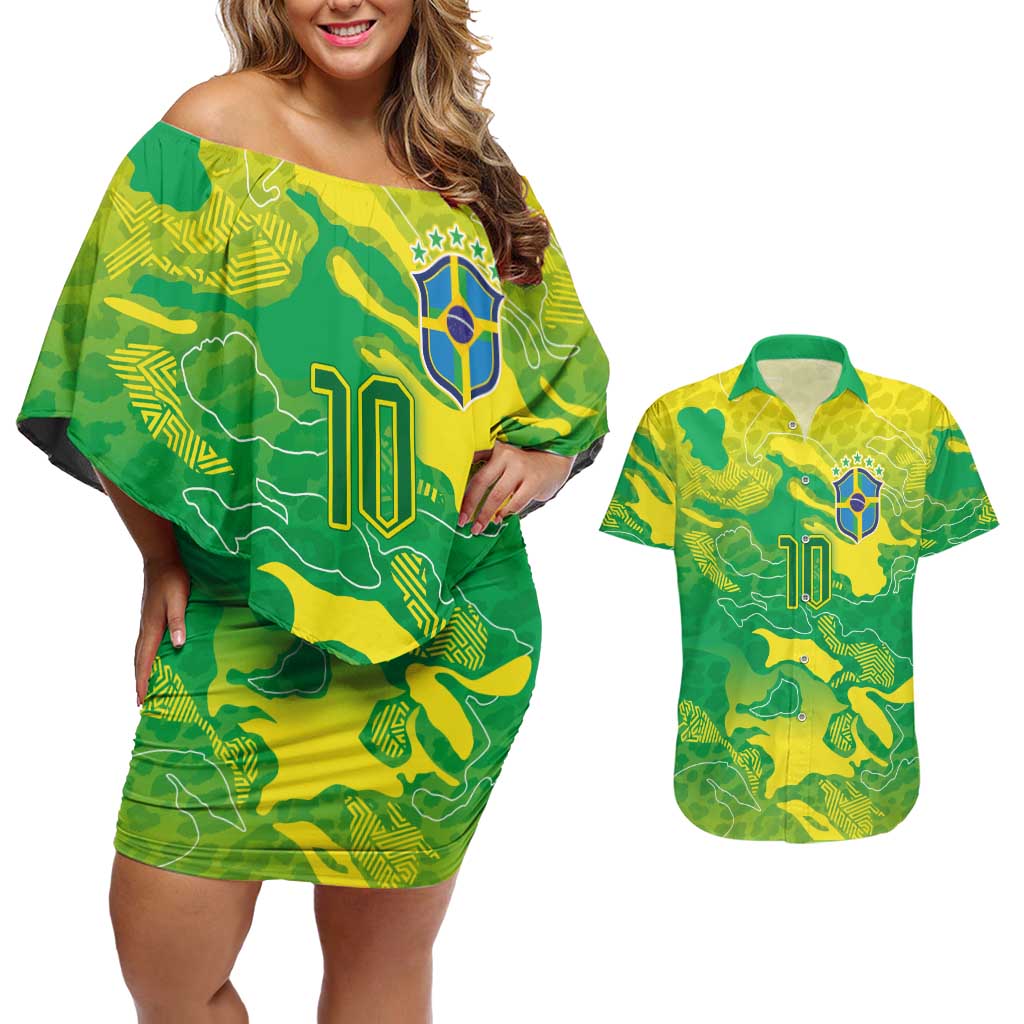 Custom Brazil National Football Couples Matching Off Shoulder Short Dress and Hawaiian Shirt South American Wild Nature Sporty Style - Wonder Print Shop