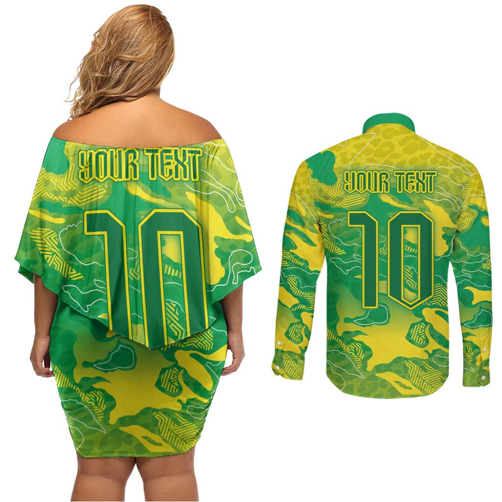 Custom Brazil National Football Couples Matching Off Shoulder Short Dress and Long Sleeve Button Shirt South American Wild Nature Sporty Style - Wonder Print Shop