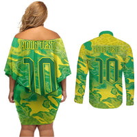 Custom Brazil National Football Couples Matching Off Shoulder Short Dress and Long Sleeve Button Shirt South American Wild Nature Sporty Style - Wonder Print Shop