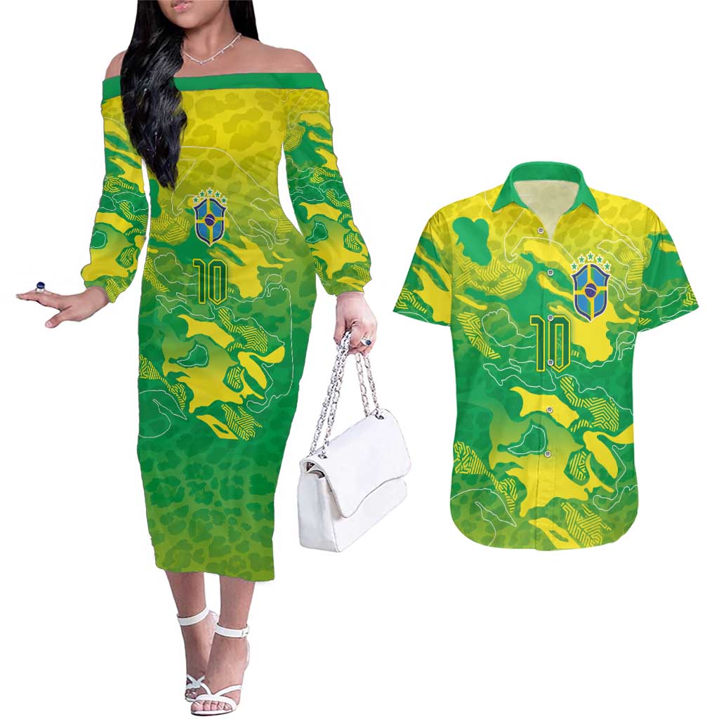Custom Brazil National Football Couples Matching Off The Shoulder Long Sleeve Dress and Hawaiian Shirt South American Wild Nature Sporty Style - Wonder Print Shop