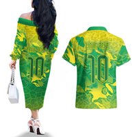 Custom Brazil National Football Couples Matching Off The Shoulder Long Sleeve Dress and Hawaiian Shirt South American Wild Nature Sporty Style - Wonder Print Shop