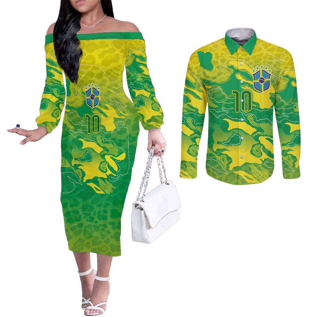 Custom Brazil National Football Couples Matching Off The Shoulder Long Sleeve Dress and Long Sleeve Button Shirt South American Wild Nature Sporty Style - Wonder Print Shop