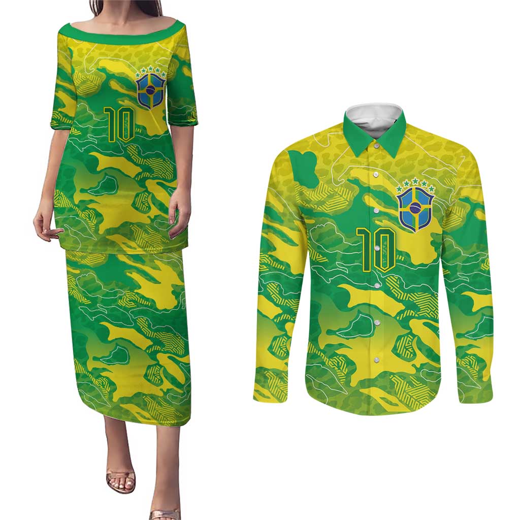 Custom Brazil National Football Couples Matching Puletasi and Long Sleeve Button Shirt South American Wild Nature Sporty Style - Wonder Print Shop
