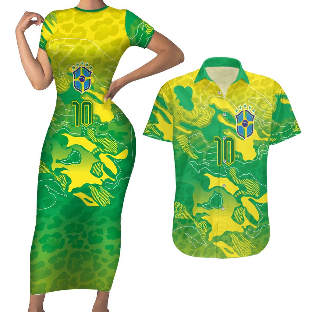 Custom Brazil National Football Couples Matching Short Sleeve Bodycon Dress and Hawaiian Shirt South American Wild Nature Sporty Style - Wonder Print Shop