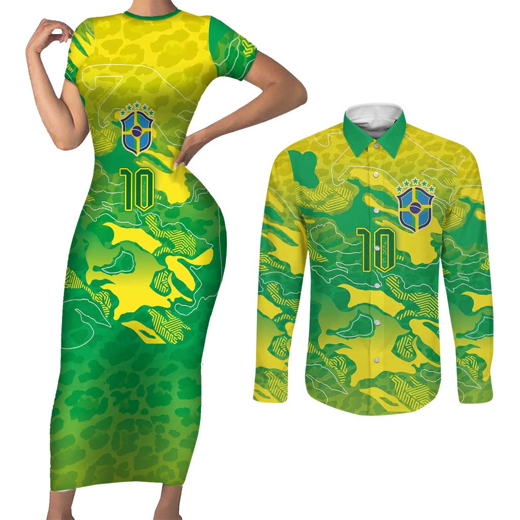 Custom Brazil National Football Couples Matching Short Sleeve Bodycon Dress and Long Sleeve Button Shirt South American Wild Nature Sporty Style - Wonder Print Shop