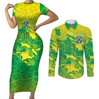 Custom Brazil National Football Couples Matching Short Sleeve Bodycon Dress and Long Sleeve Button Shirt South American Wild Nature Sporty Style - Wonder Print Shop