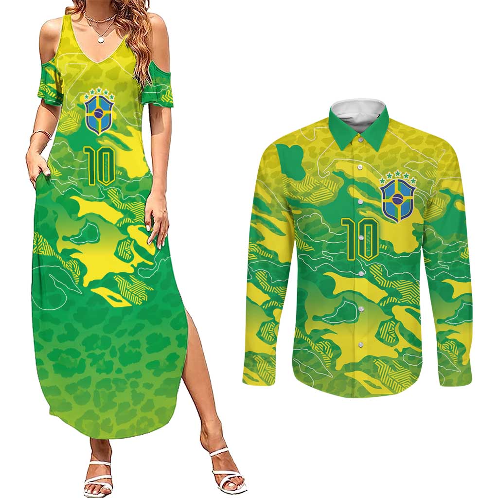 Custom Brazil National Football Couples Matching Summer Maxi Dress and Long Sleeve Button Shirt South American Wild Nature Sporty Style - Wonder Print Shop