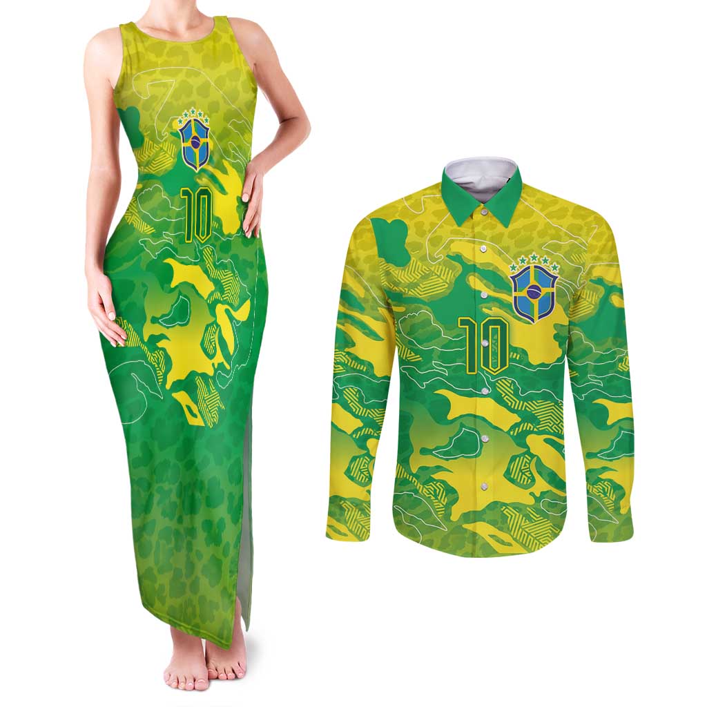 Custom Brazil National Football Couples Matching Tank Maxi Dress and Long Sleeve Button Shirt South American Wild Nature Sporty Style - Wonder Print Shop