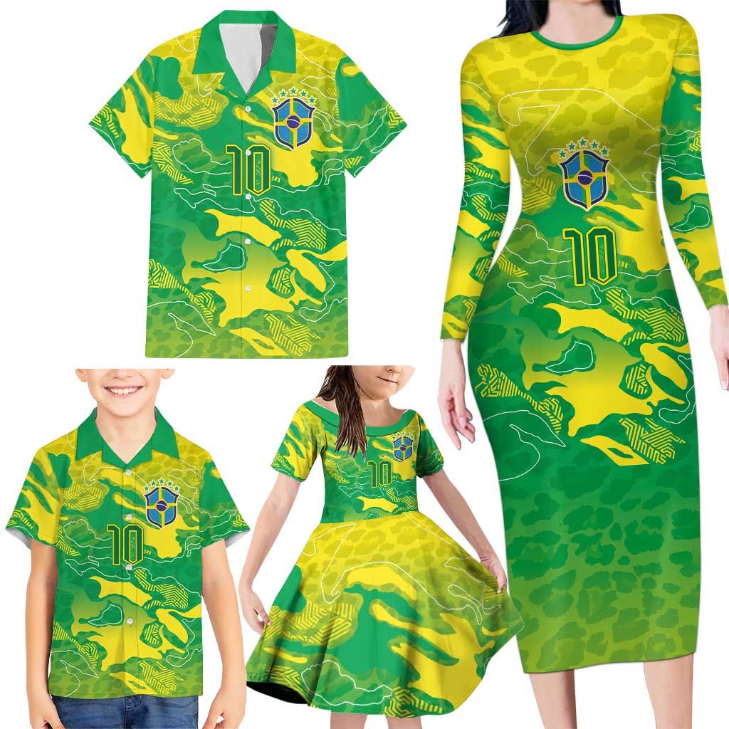 Custom Brazil National Football Family Matching Long Sleeve Bodycon Dress and Hawaiian Shirt South American Wild Nature Sporty Style - Wonder Print Shop