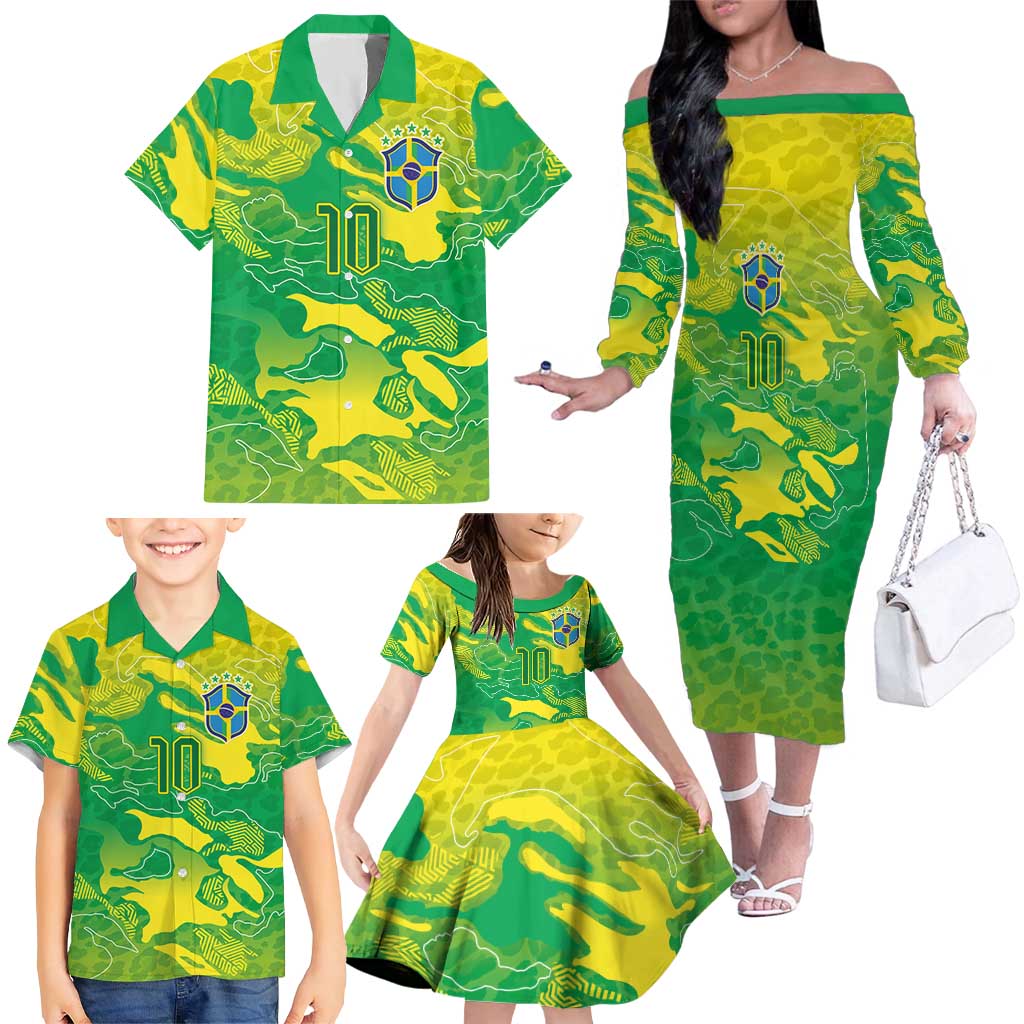 Custom Brazil National Football Family Matching Off The Shoulder Long Sleeve Dress and Hawaiian Shirt South American Wild Nature Sporty Style - Wonder Print Shop