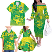 Custom Brazil National Football Family Matching Off The Shoulder Long Sleeve Dress and Hawaiian Shirt South American Wild Nature Sporty Style - Wonder Print Shop