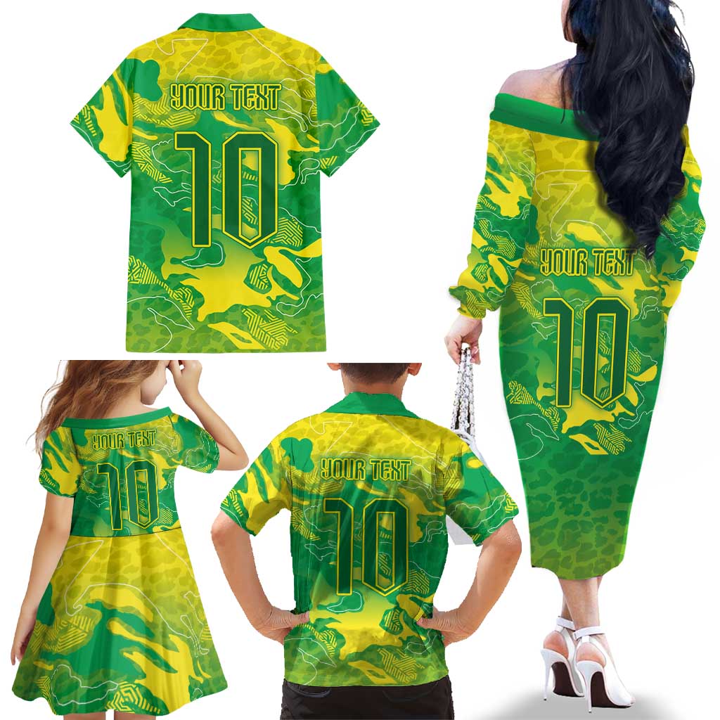 Custom Brazil National Football Family Matching Off The Shoulder Long Sleeve Dress and Hawaiian Shirt South American Wild Nature Sporty Style - Wonder Print Shop
