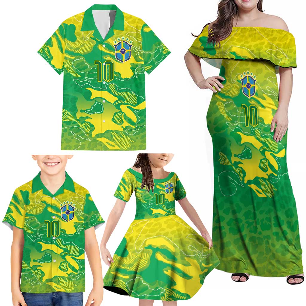 Custom Brazil National Football Family Matching Off Shoulder Maxi Dress and Hawaiian Shirt South American Wild Nature Sporty Style - Wonder Print Shop