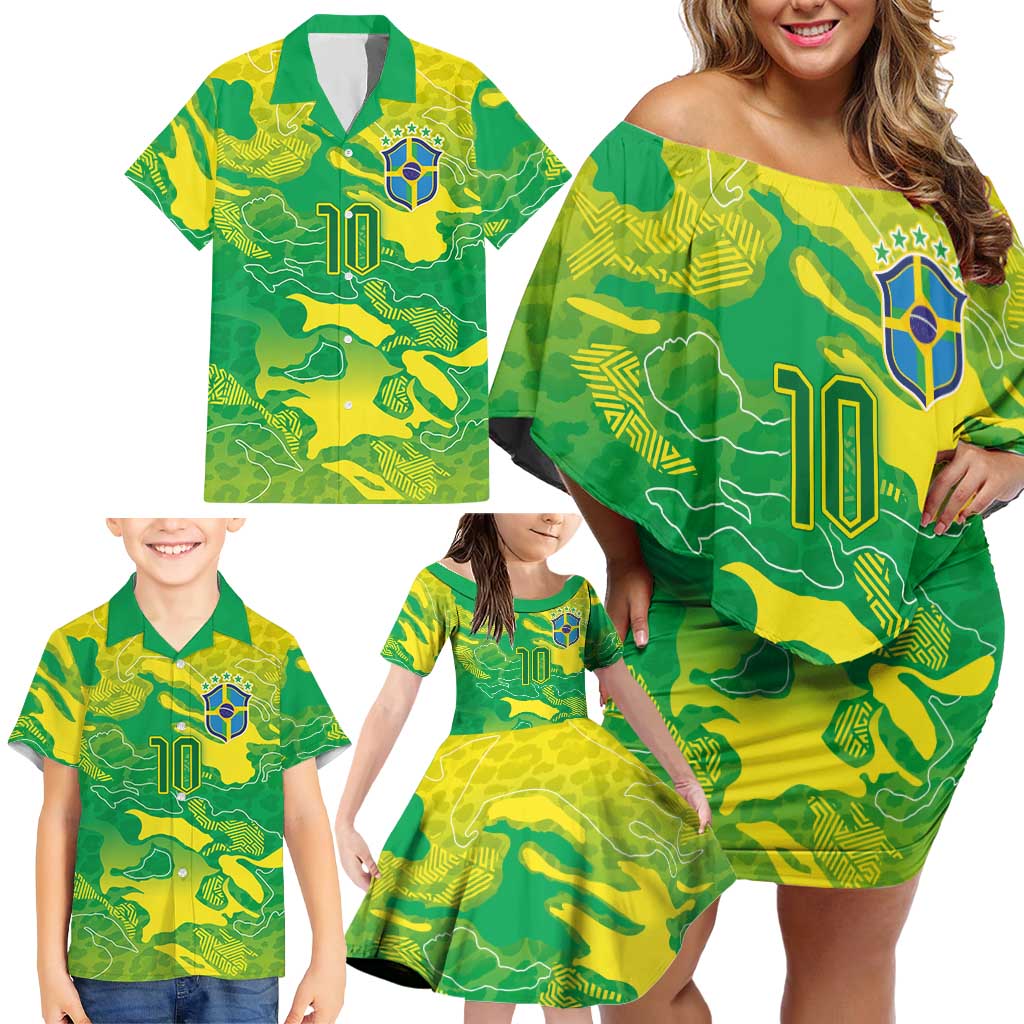 Custom Brazil National Football Family Matching Off Shoulder Short Dress and Hawaiian Shirt South American Wild Nature Sporty Style - Wonder Print Shop