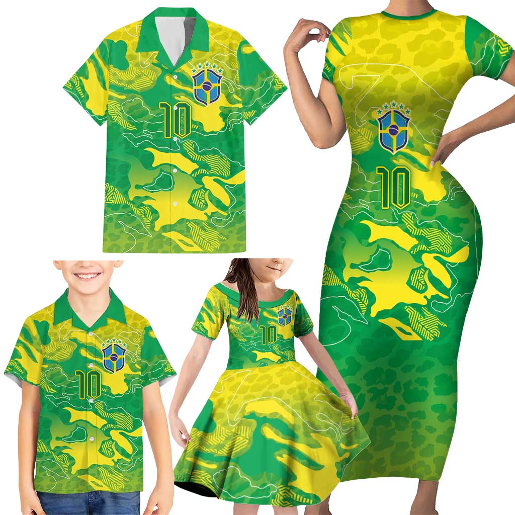 Custom Brazil National Football Family Matching Short Sleeve Bodycon Dress and Hawaiian Shirt South American Wild Nature Sporty Style - Wonder Print Shop
