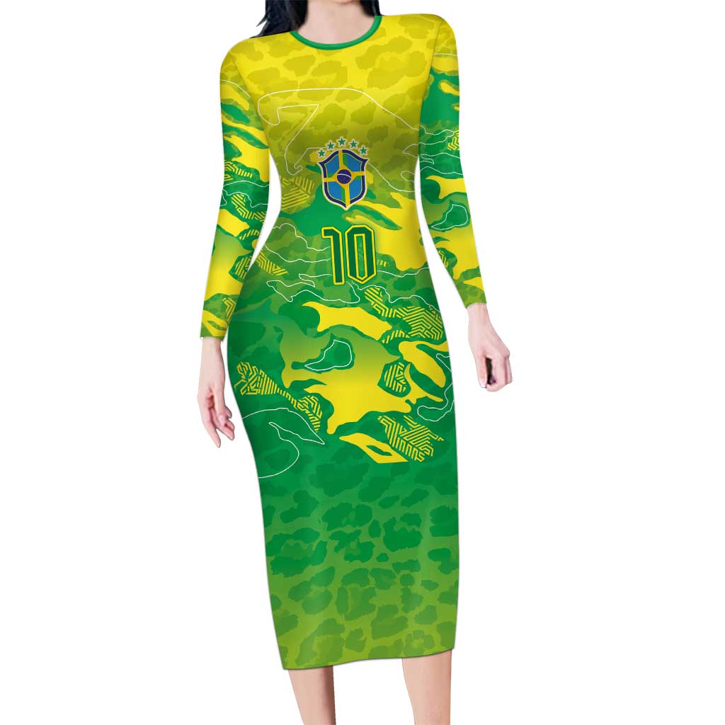 Custom Brazil National Football Long Sleeve Bodycon Dress South American Wild Nature Sporty Style - Wonder Print Shop