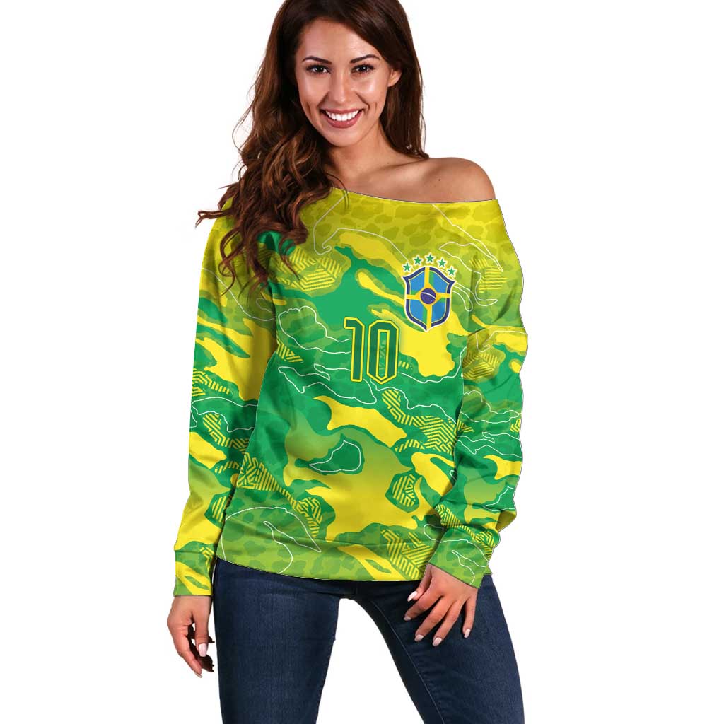 Custom Brazil National Football Off Shoulder Sweater South American Wild Nature Sporty Style - Wonder Print Shop