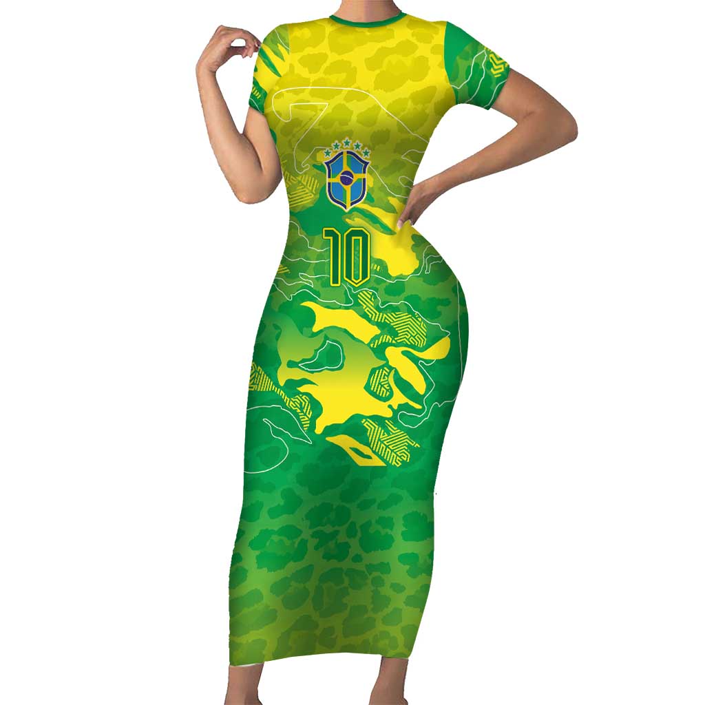 Custom Brazil National Football Short Sleeve Bodycon Dress South American Wild Nature Sporty Style - Wonder Print Shop