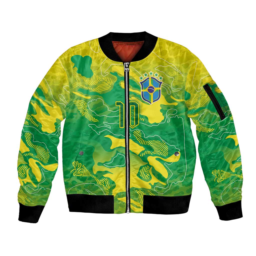 Custom Brazil National Football Sleeve Zip Bomber Jacket South American Wild Nature Sporty Style - Wonder Print Shop