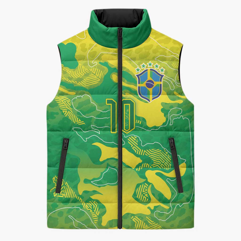Custom Brazil National Football Sleeveless Puffer Jacket South American Wild Nature Sporty Style - Wonder Print Shop