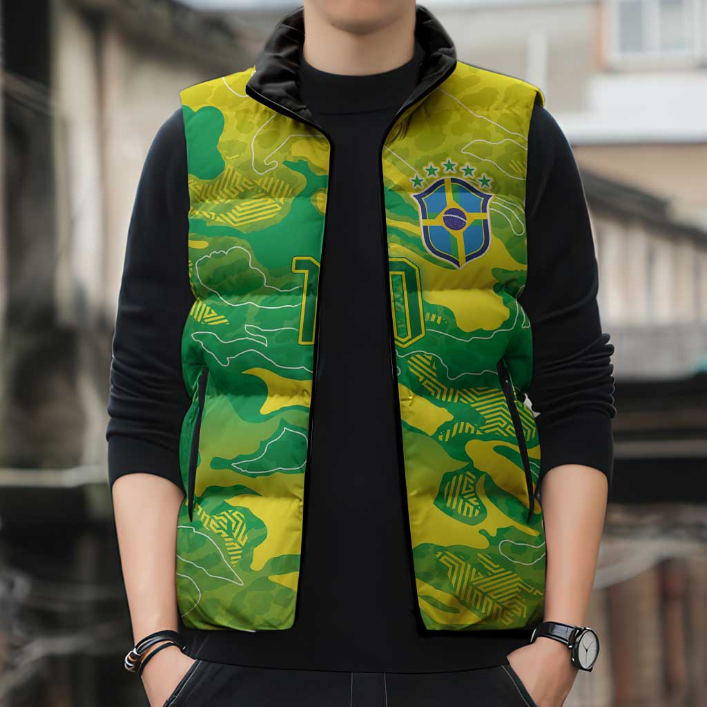Custom Brazil National Football Sleeveless Puffer Jacket South American Wild Nature Sporty Style - Wonder Print Shop